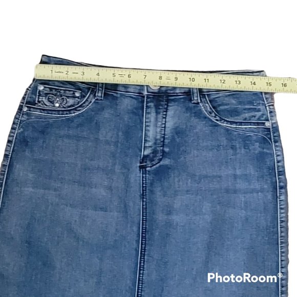 VTG Vintage Christopher & Banks Denim Midi Jean Skirt Embroidered Pockets Sz 4P - Picture 9 of 11